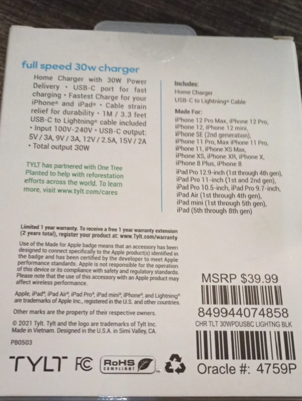 TYLT Full Speed 30W Wall Charger & USB-C to Lightning Cable Set